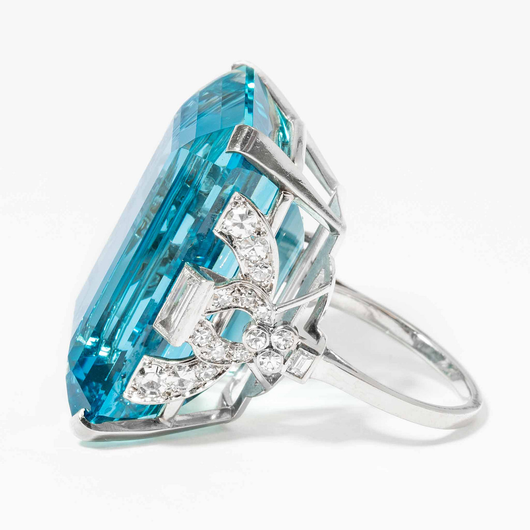 51.67 carat Emerald Cut Aquamarine and Diamond Art Deco Platinum Ring ...