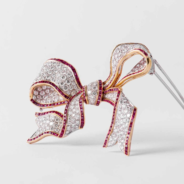 8.00ct Diamond & Ruby Ribbon Bow Brooch — Shreve, Crump & Low