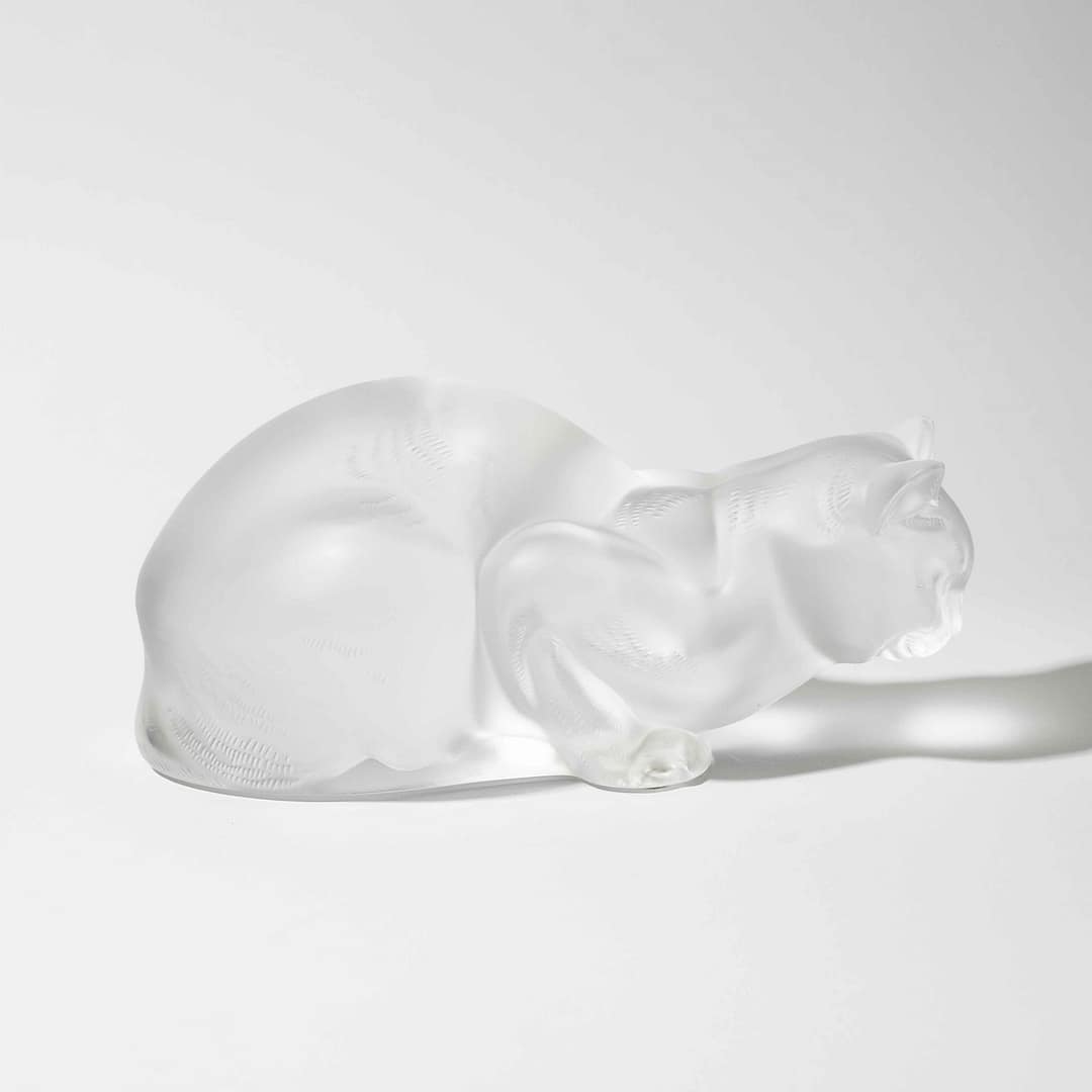 Vintage Lalique Frosted Crystal “Crouching Cat” Sculpture (French