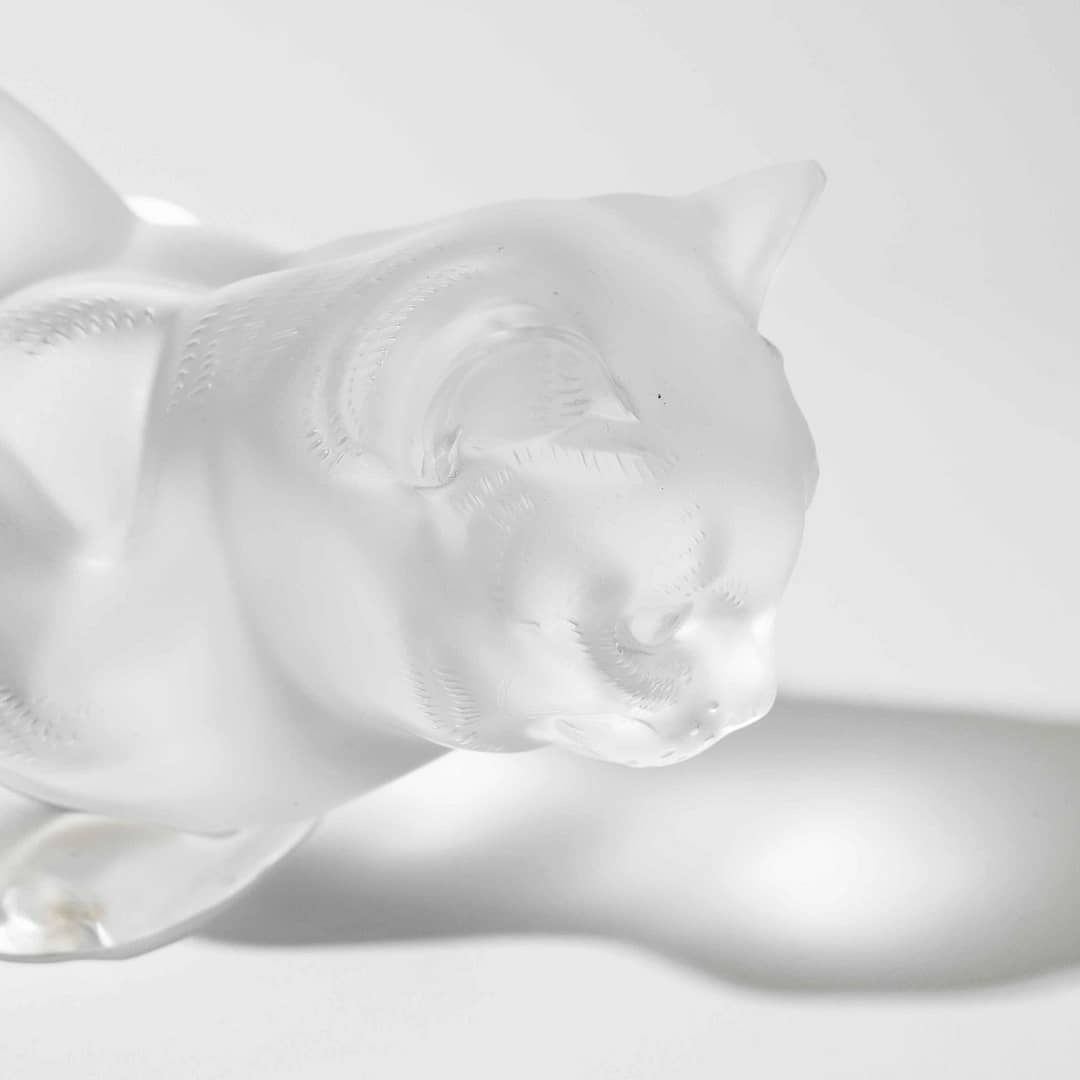Vintage Lalique Frosted Crystal “Crouching Cat” Sculpture