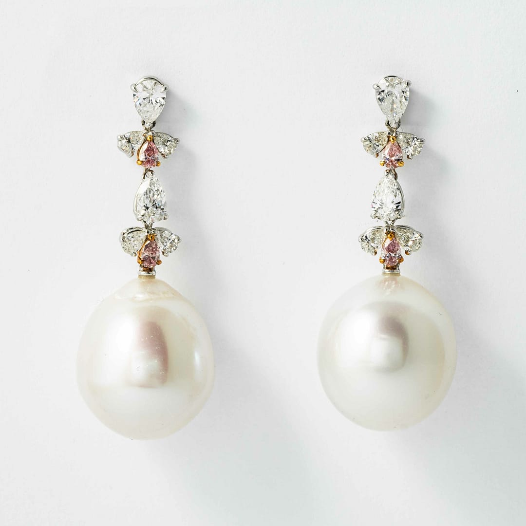 17mm South Sea Pearl Pink Diamond Drop Earrings (Platinum