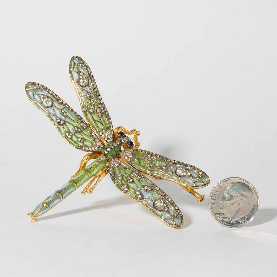 Lang Antiques Art Nouveau Dragonfly Brooch Meaning Green Enamel