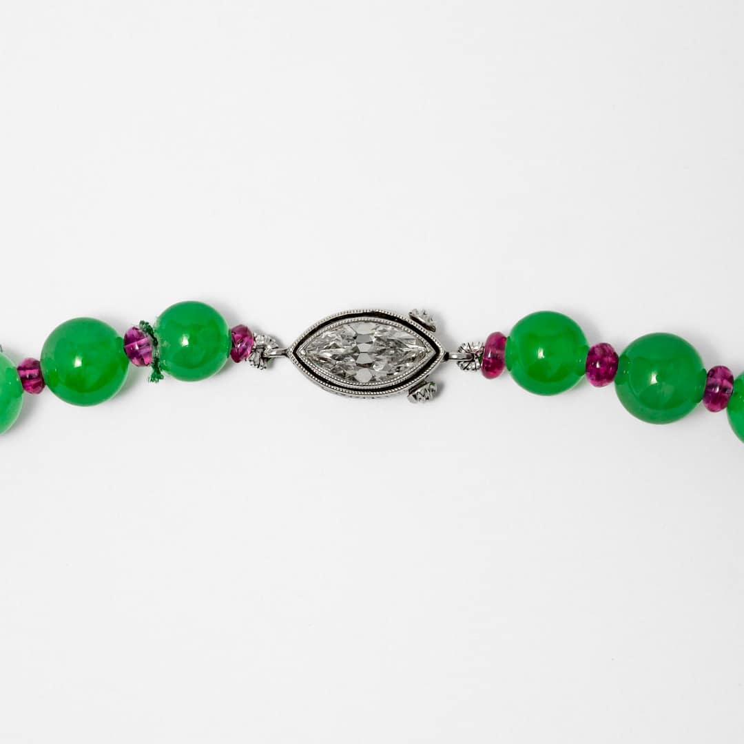 Jade and Ruby Bead Necklace with Diamond (Platinum