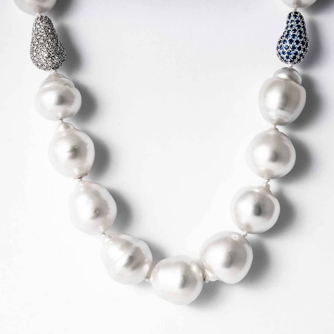 Opera Length Baroque Pearl Necklace with Blue Sapphires and