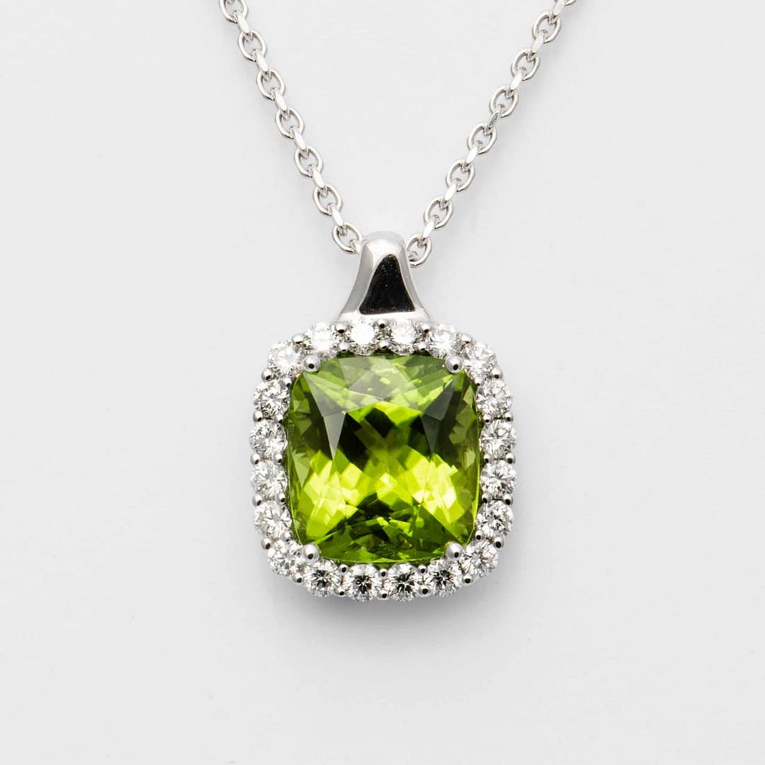 carat Cushion Peridot and Diamond Pendant (White Gold