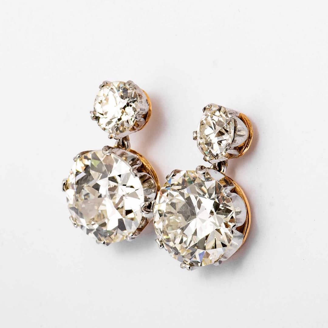14.26 carat J VS2 Old European Cut Drop Diamond Earrings