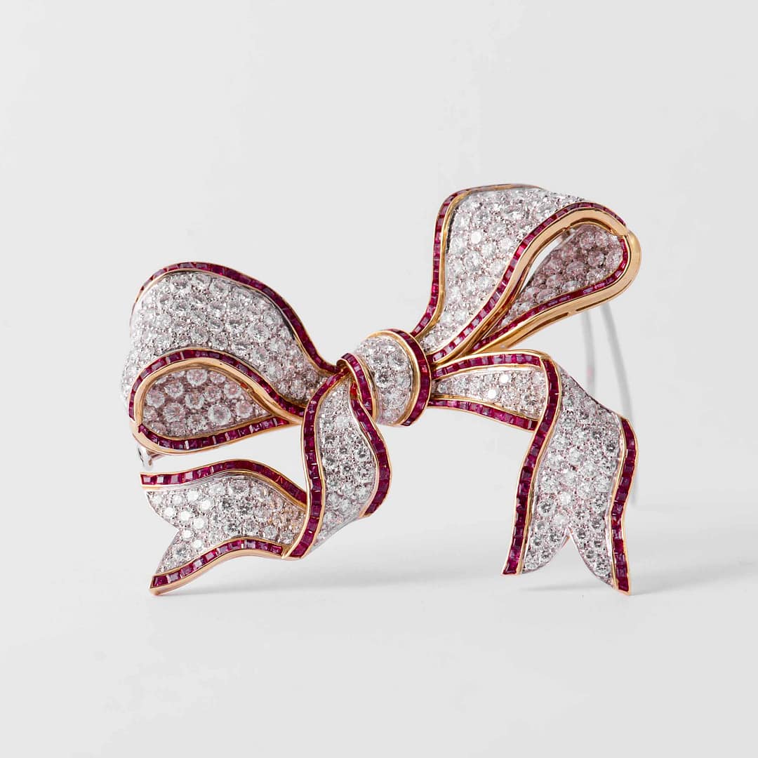 8.00ct Diamond & Ruby Ribbon Bow Brooch — Shreve, Crump & Low