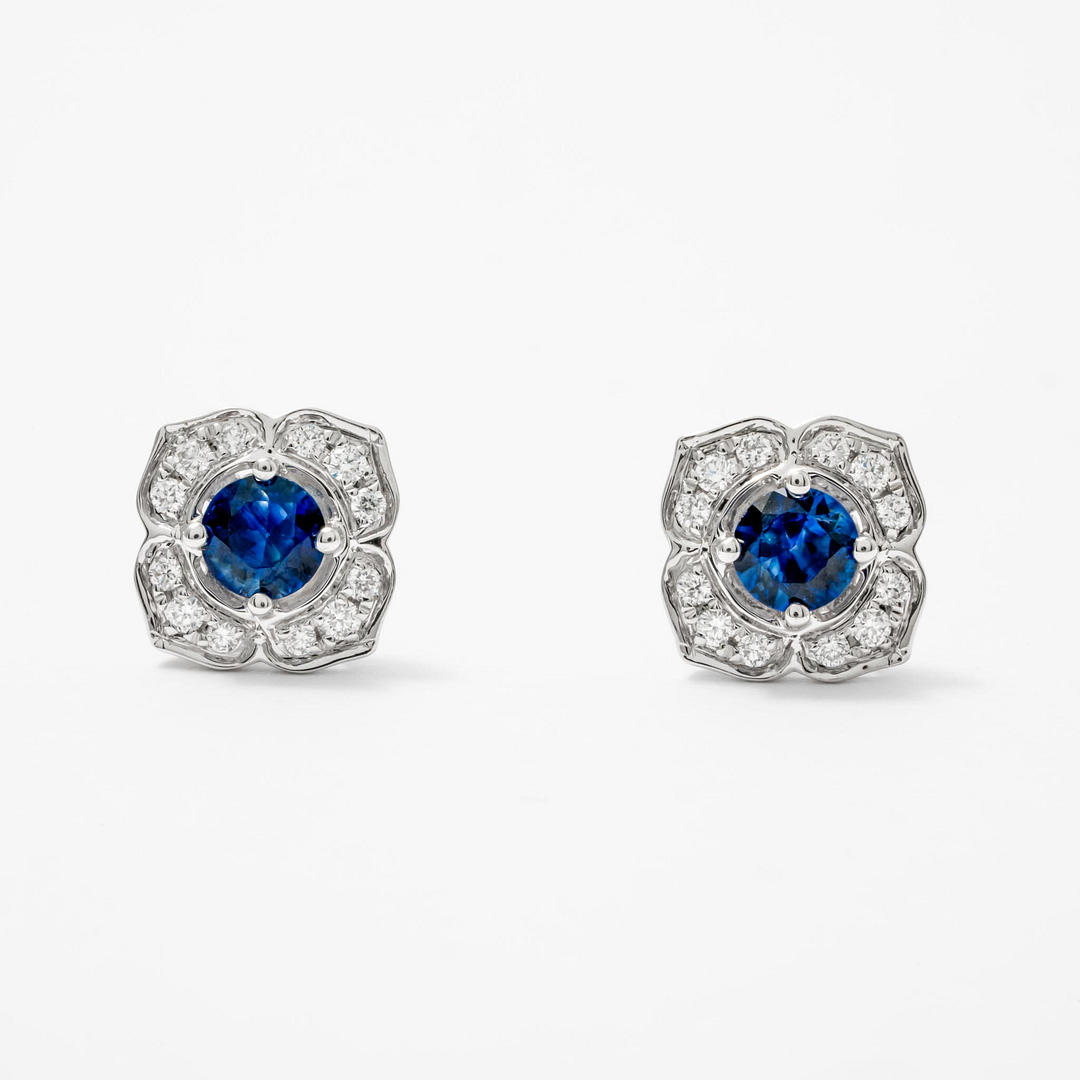 0.46 Carat Round Blue Sapphire & Diamond Flower Earrings (White