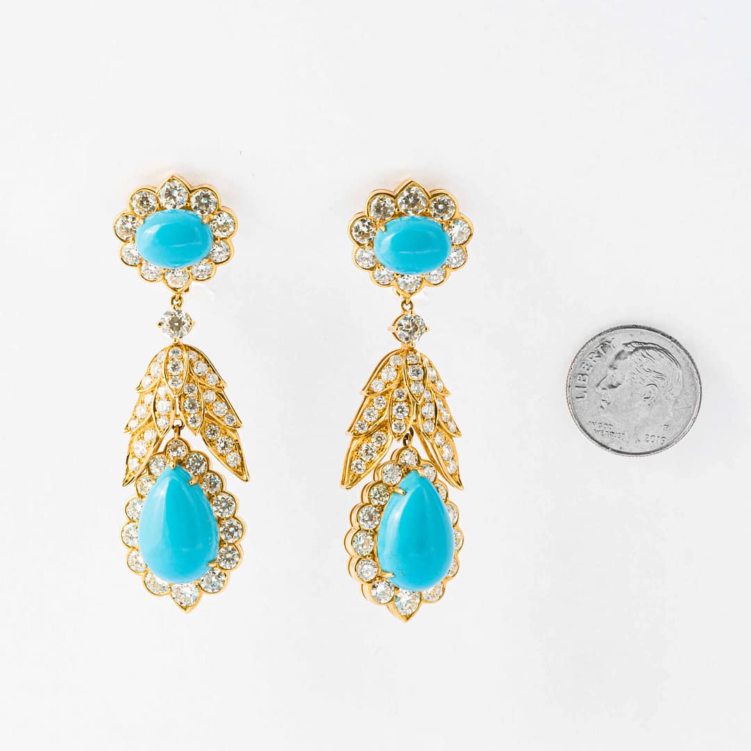 Fred Leighton 18 Karat Turquoise and Diamond Earrings (Yellow Gold