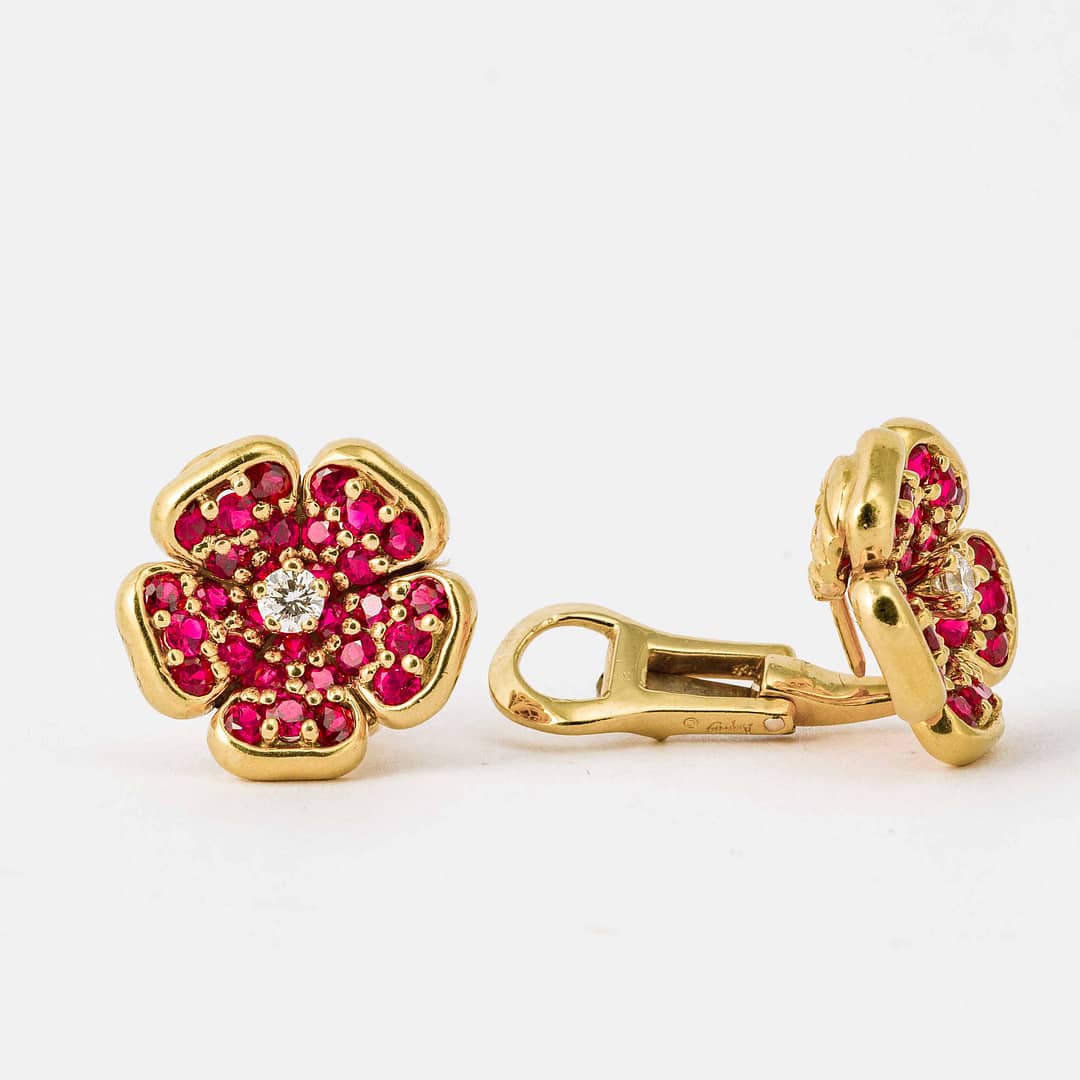 Asprey 18 Karat Ruby and Diamond Flower Earrings (Yellow