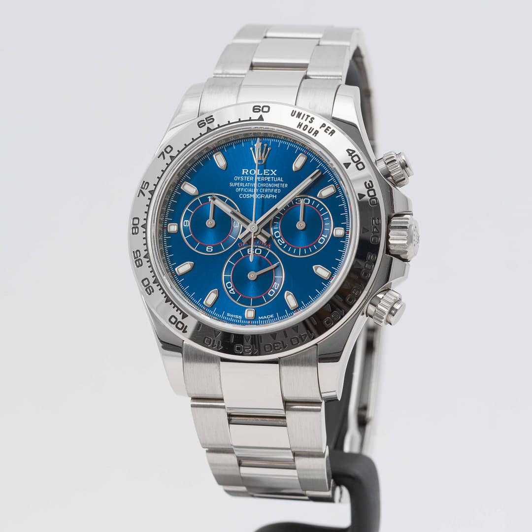 あお Rolex Cosmograph Daytona Chronograph Blue Dial White Gold 40mm