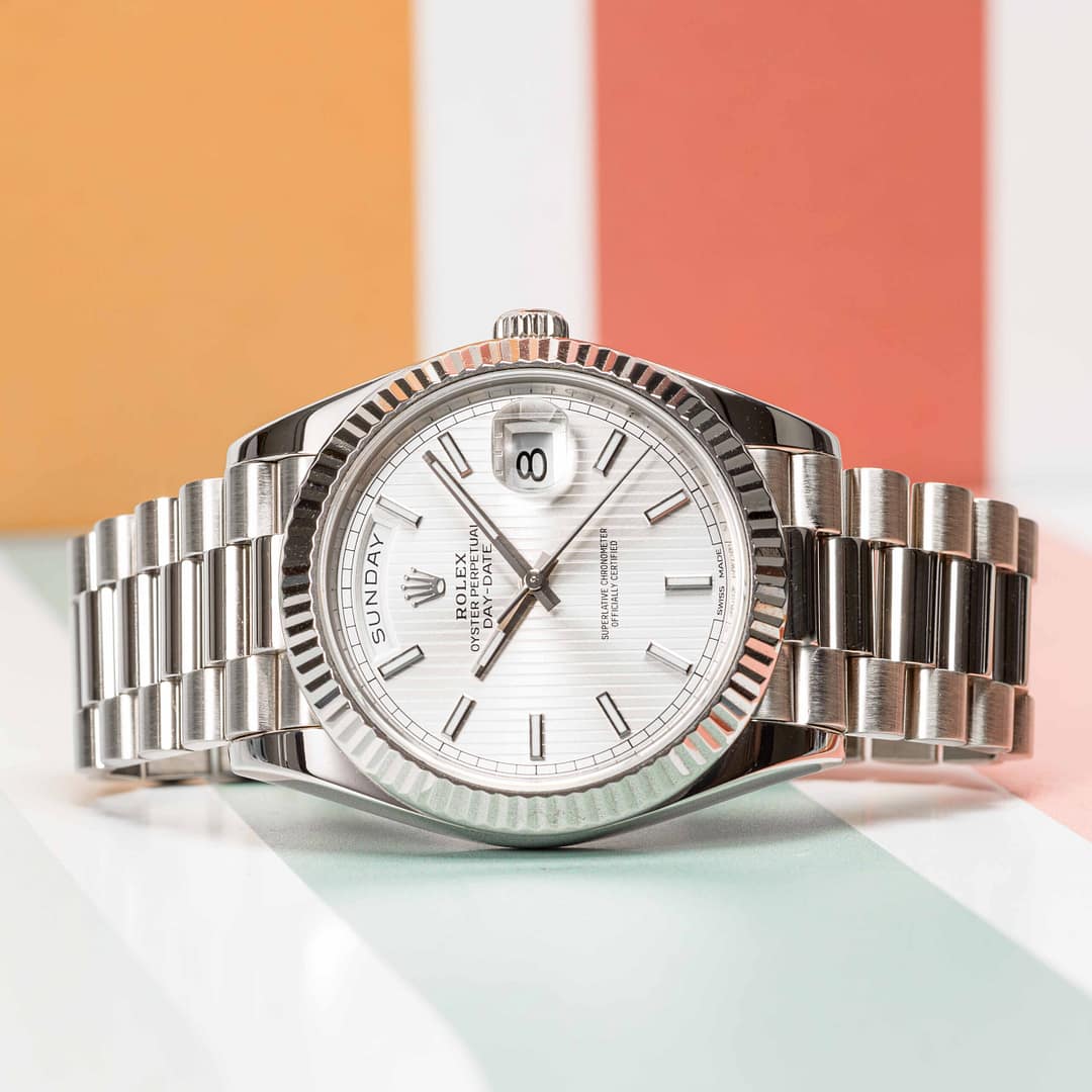 Rolex Presidential Day-Date Silver Tapestry Dial White Gold 40mm