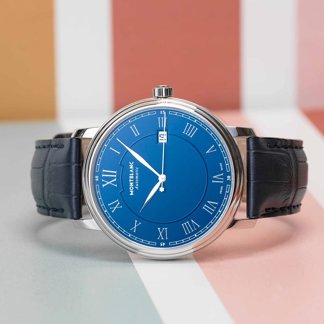 メル44801　ザ・アルプス ブランデー No.1286 Preowned Montblanc Tradition Automatic Date Blue Dial Stainless