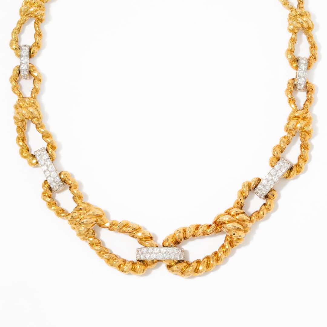 David Webb 18 Karat Diamond Rope Motiff Link Necklace (Yellow Gold