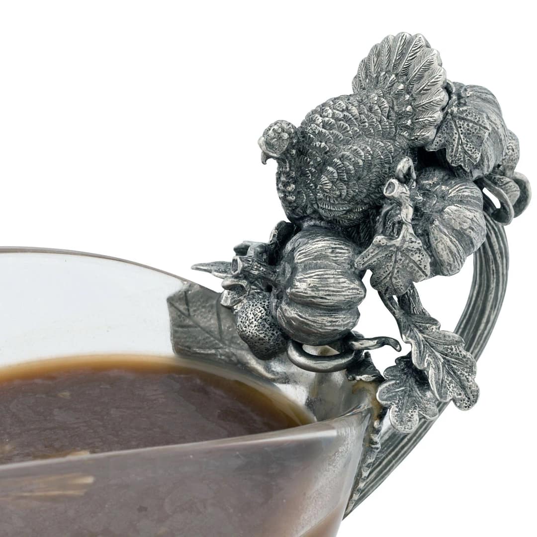 Hand Blown Glass Gravy Boat Pewter Harvest Turkey — Shreve, Crump
