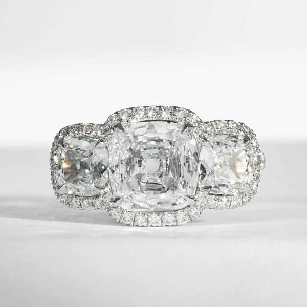 carat F SI1 Cushion Cut Diamond 3-Stone Halo Ring (GIA