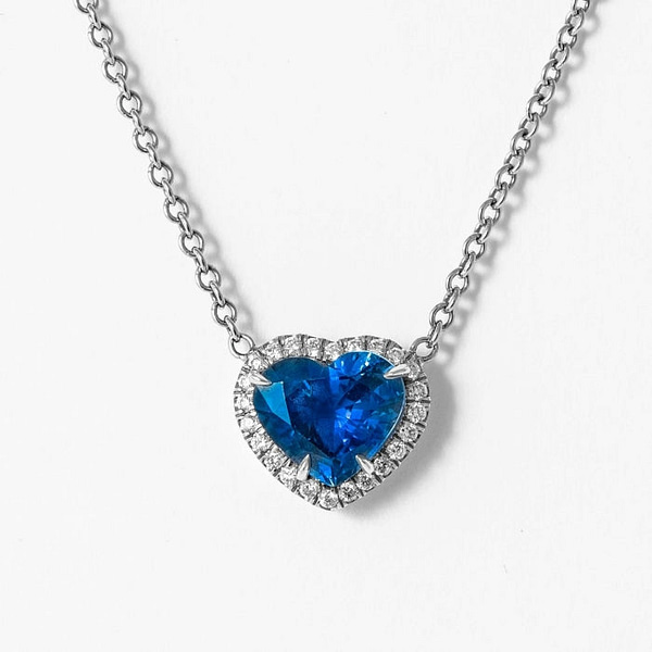 Peora Created Blue Sapphire Heart Pendant - 2.50 Carat With Diamonds In 14K White Gold - View #5