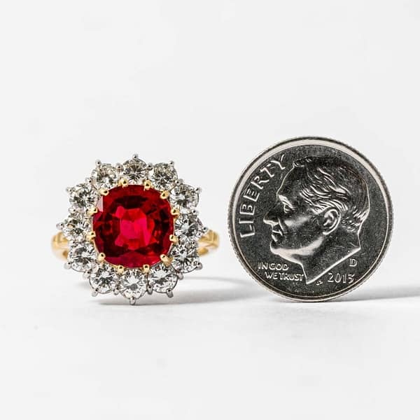STERLING RUBY CHRON 美品 KARMA 3.03 Carat Cushion Cut Burma Ruby & Diamond Antique Ring