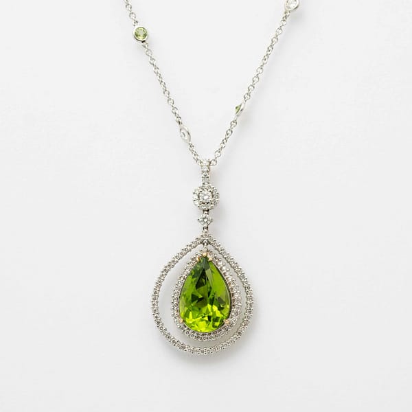 carat Pear Shape Peridot and Diamond Halo Pendant Necklace
