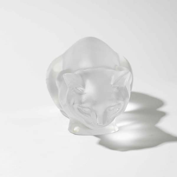 Vintage Lalique Frosted Crystal “Crouching Cat” Sculpture