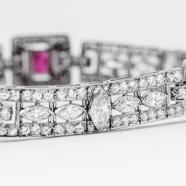 Platinum Ruby and Diamond Art Deco Bracelet — Shreve, Crump  Vintage Art Deco Channel Set Ruby Pink & Clear Rhinestone & Silver Tone Bracelet main image 0