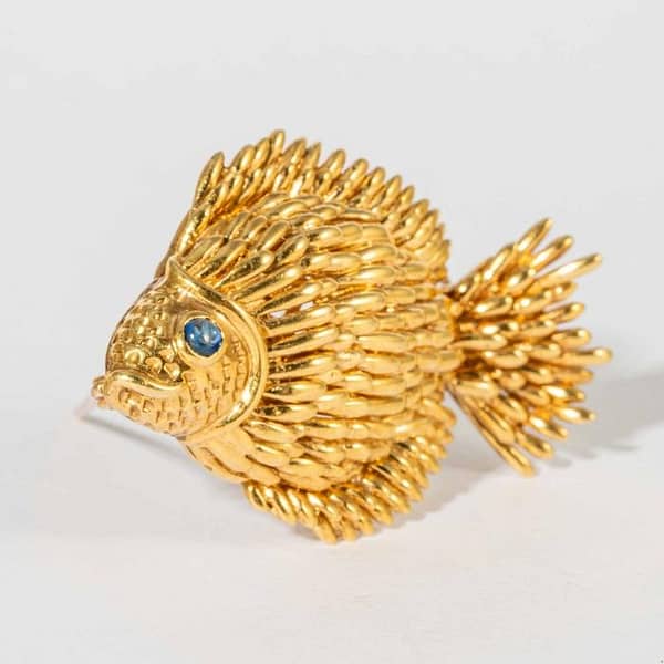 Vintage Yellow Gold and Cabochon Sapphire Fish Pin, signed