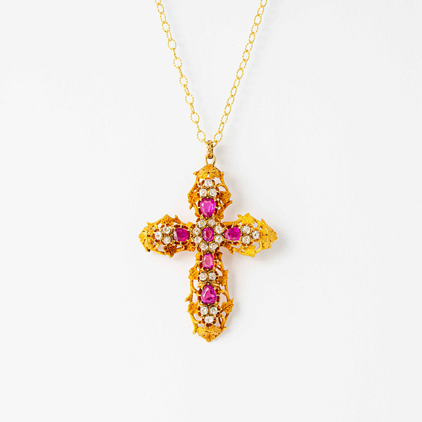 Etruscan Style Pink Sapphire and Diamond Accent Gold Cross Pendant