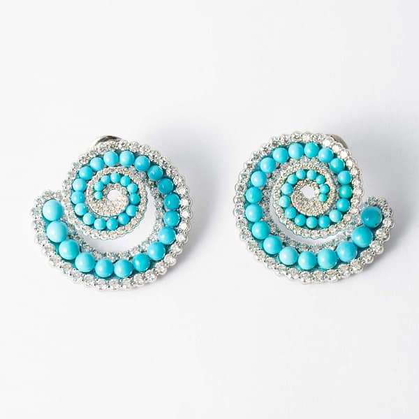 Turquoise Bead & Diamond Spiral Earrings (White Gold