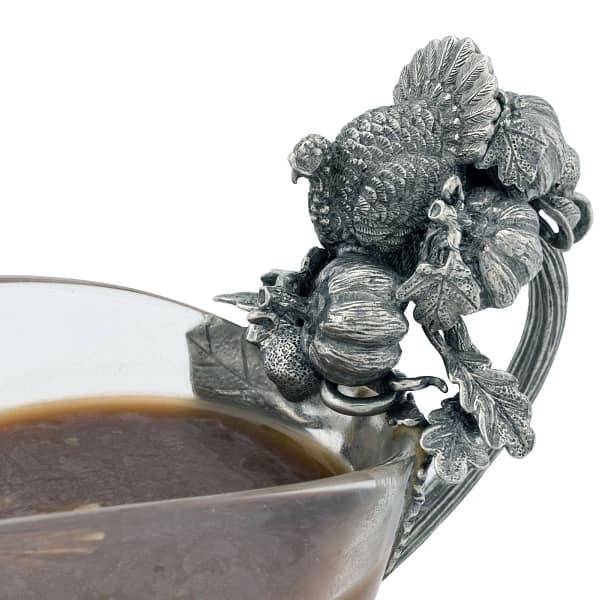 Hand Blown Glass Gravy Boat Pewter Harvest Turkey — Shreve, Crump