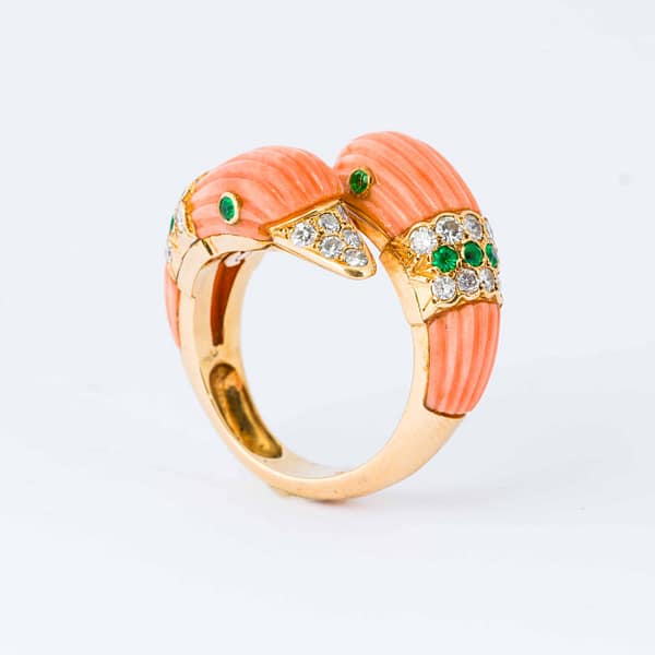 Van Cleef & Arpels Emerald & Diamond Coral Duck Bypass Ring