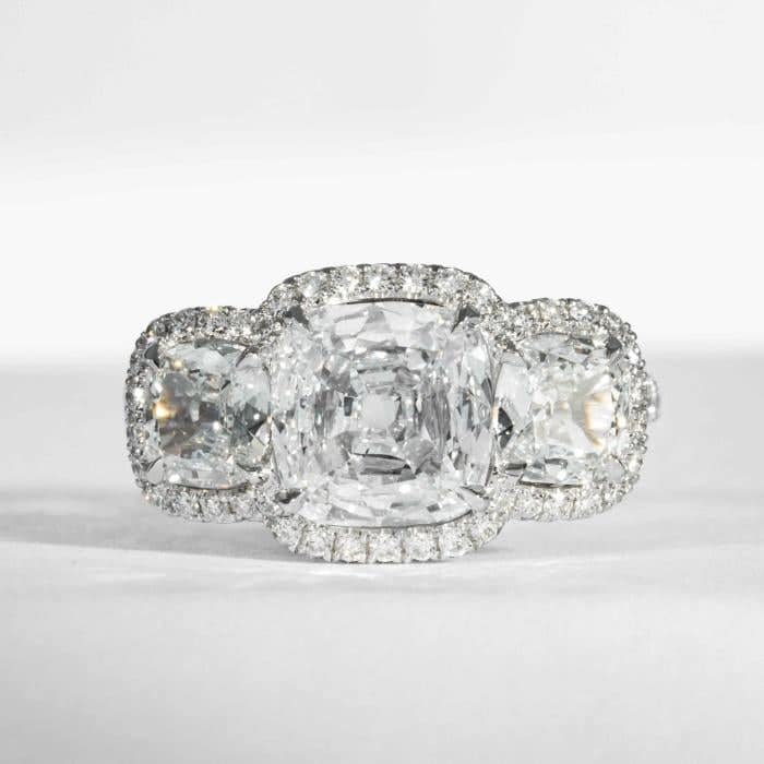 carat F SI1 Cushion Cut Diamond 3-Stone Halo Ring (GIA