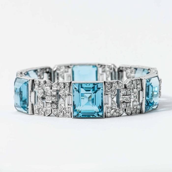 An Important Art Deco 80 carat Aquamarine Diamond Bracelet