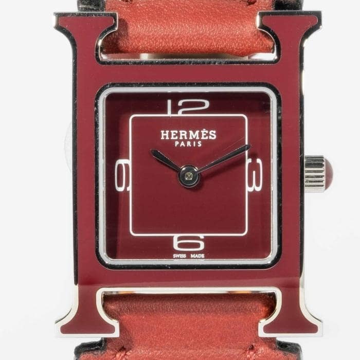 HERMES クォーツ腕時計 赤レザー Hermès Heure H Crimson Rouge Lacquer Dial Stainless Steel 21mm x