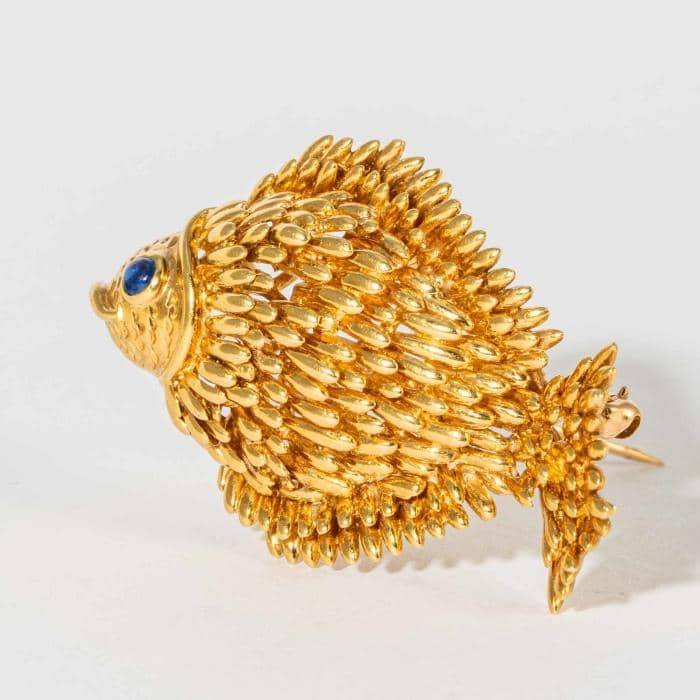 Vintage Yellow Gold and Cabochon Sapphire Fish Pin, signed
