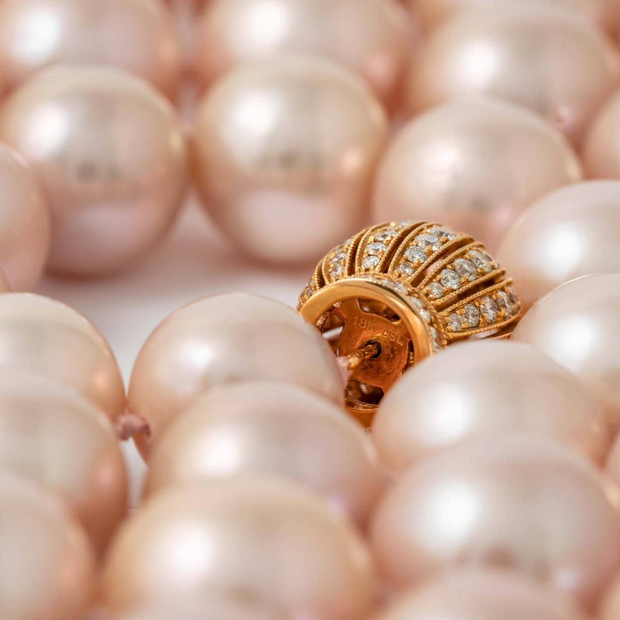 Opera Length Pink Pearl Necklace with Diamond Rondels with Diamond ...