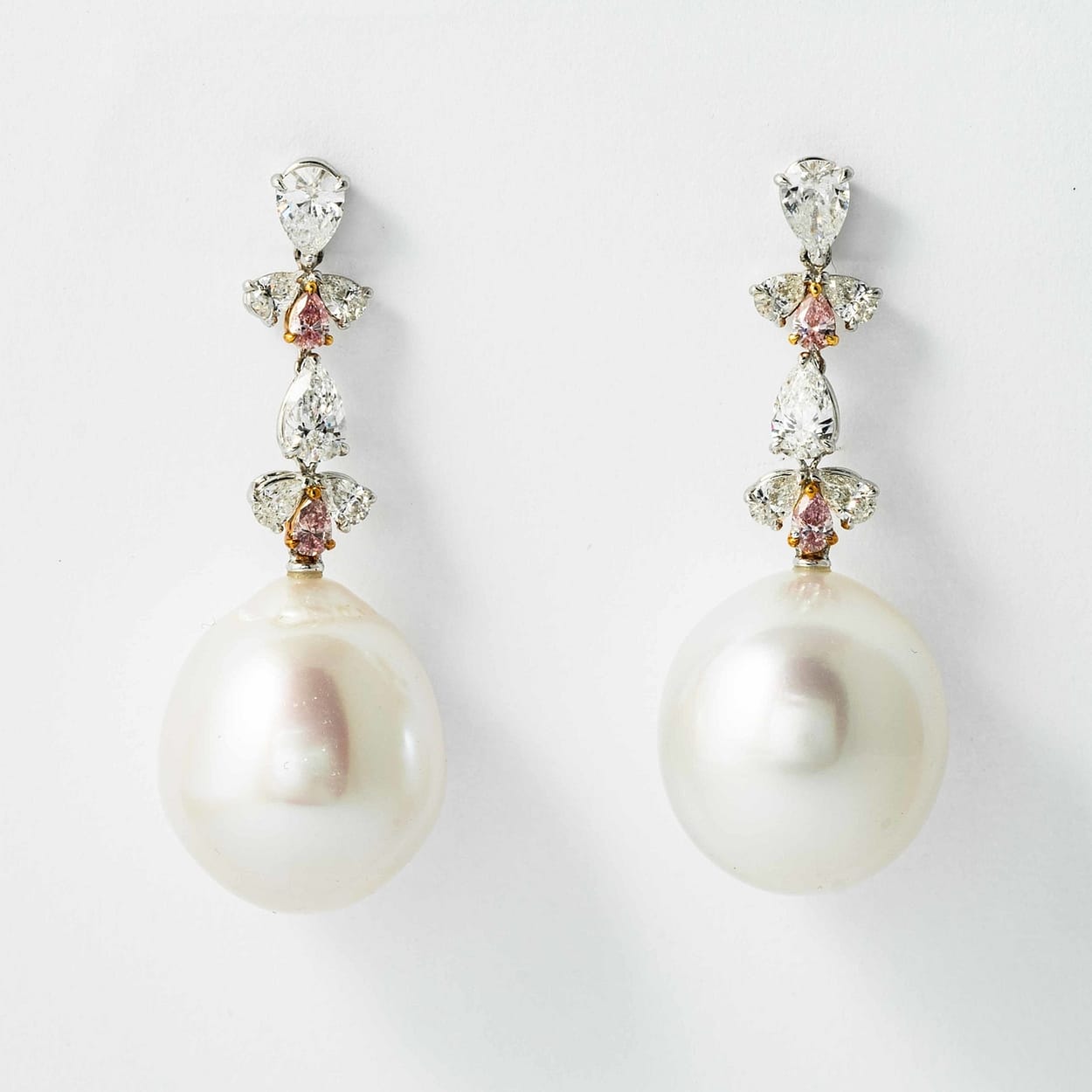 17mm South Sea Pearl & Pink Diamond Drop Earrings (Platinum) — Shreve ...