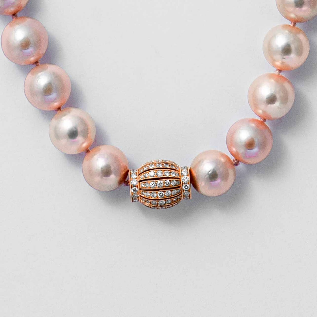 Opera Length Pink Pearl Necklace with Diamond Rondels with Diamond ...