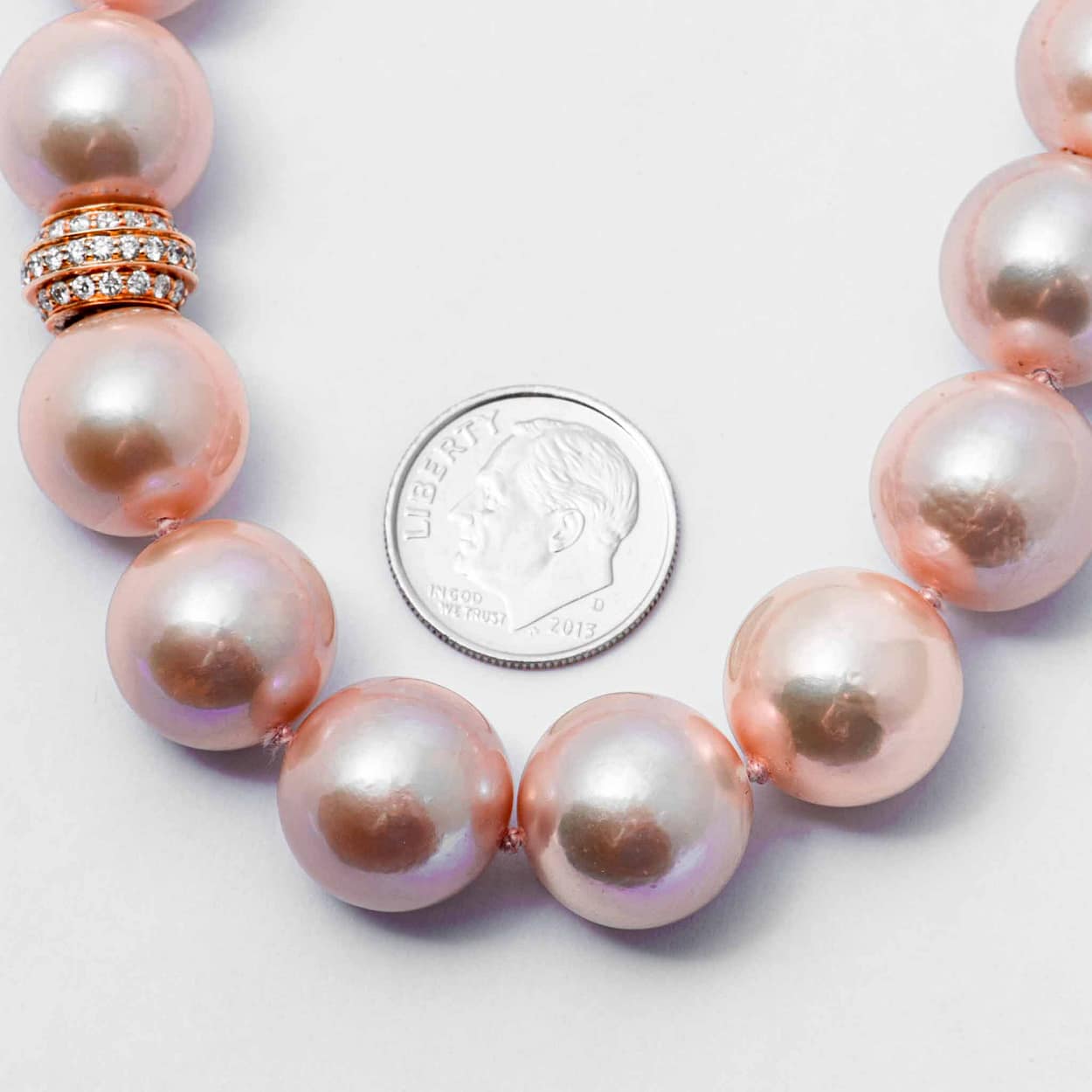 Opera Length Pink Pearl Necklace with Diamond Rondels with Diamond ...