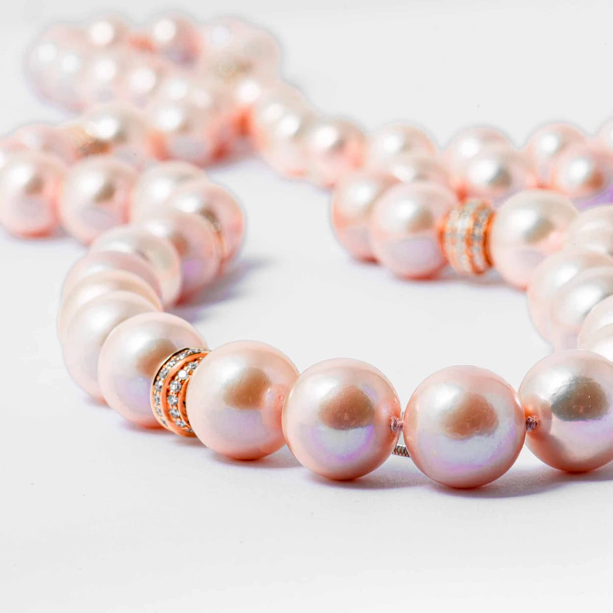 Opera Length Pink Pearl Necklace with Diamond Rondels with Diamond ...