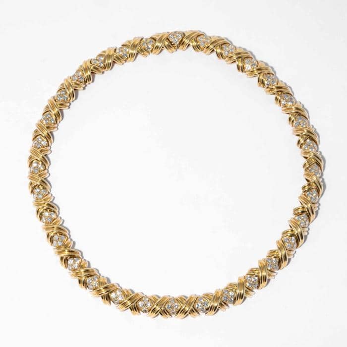 Diamond & Yellow Gold "X" Choker Necklace, signed Tiffany & (Vintage) Shreve, Crump & Low