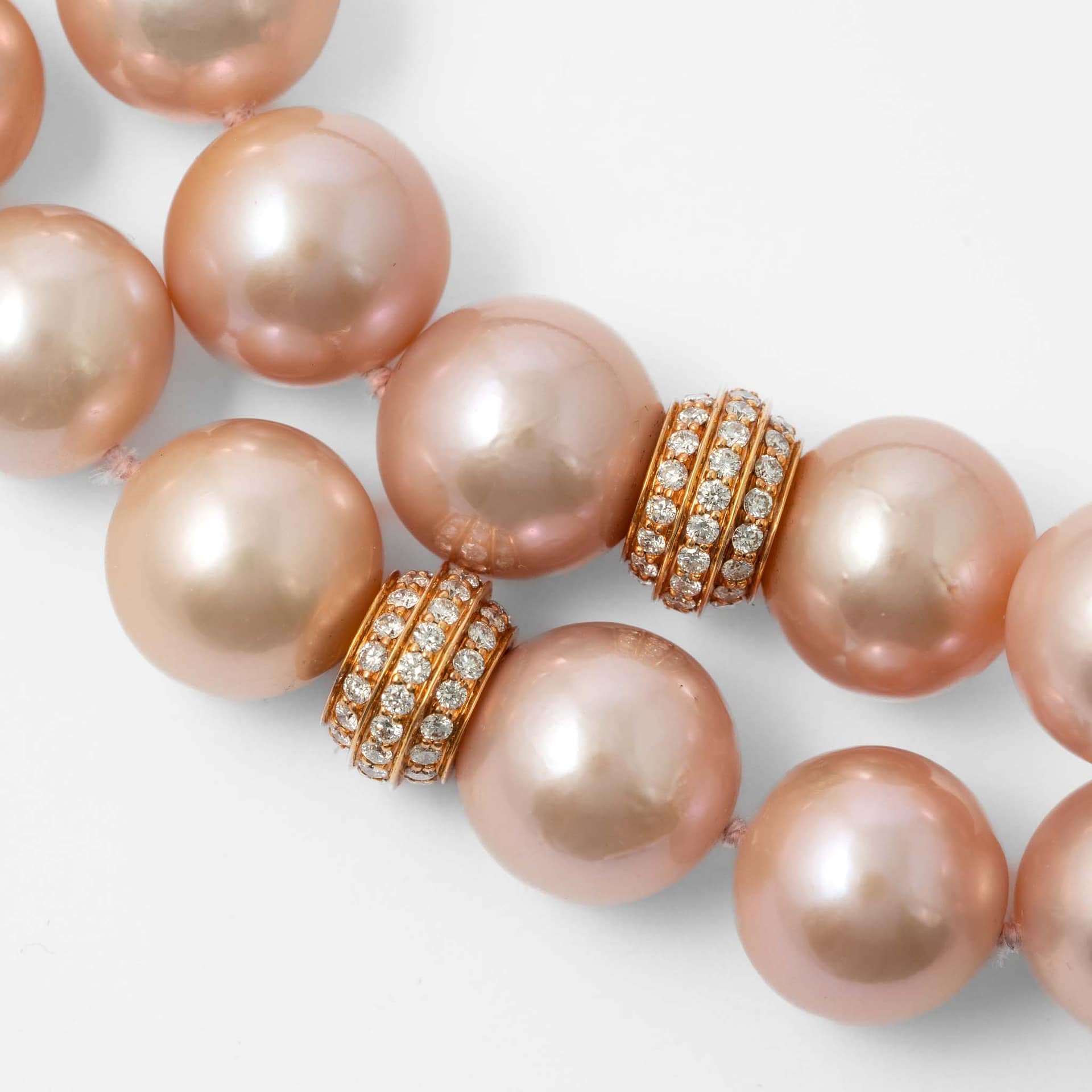 Opera Length Pink Pearl Necklace with Diamond Rondels with Diamond ...