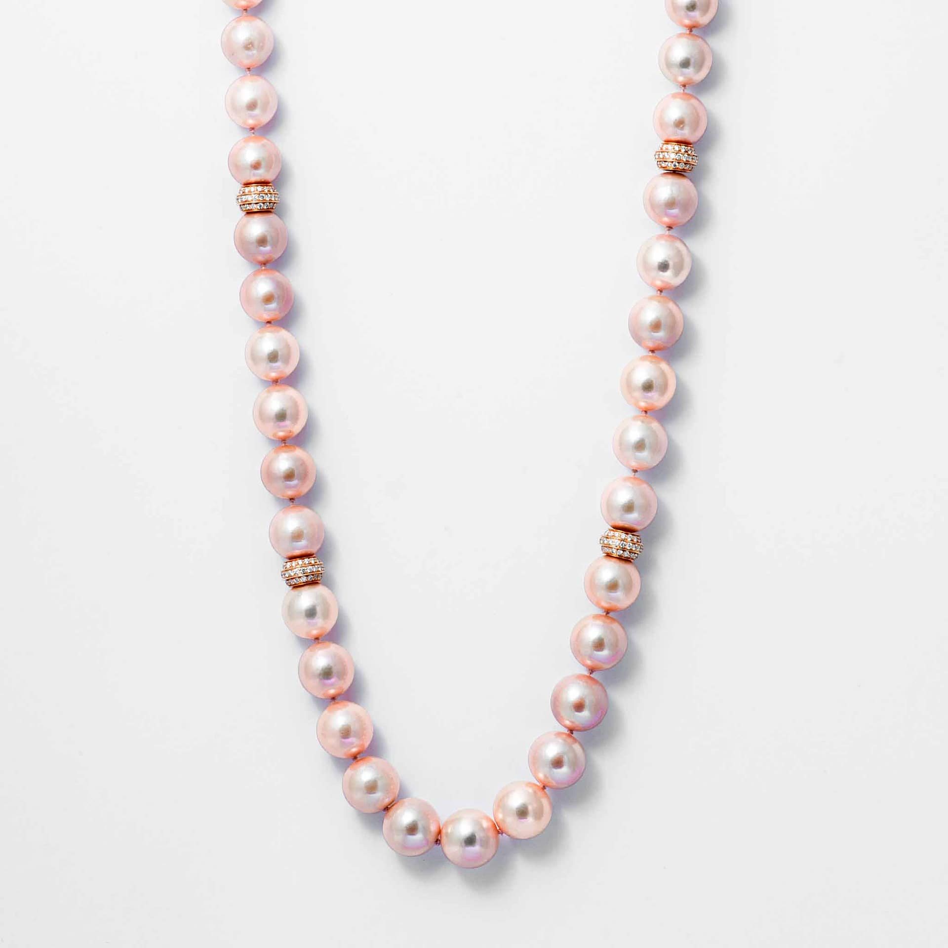 Opera Length Pink Pearl Necklace with Diamond Rondels with Diamond ...