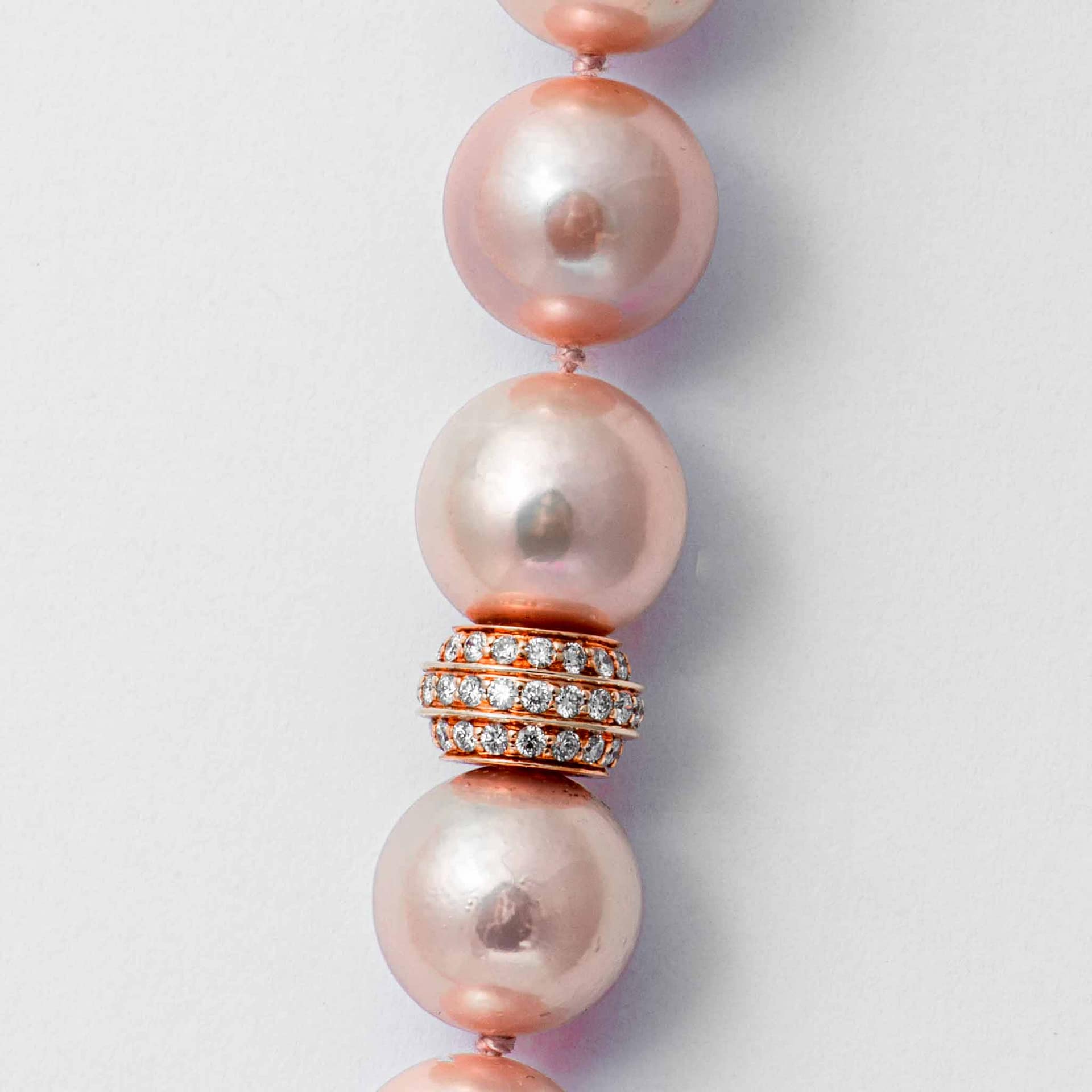 Opera Length Pink Pearl Necklace with Diamond Rondels with Diamond ...