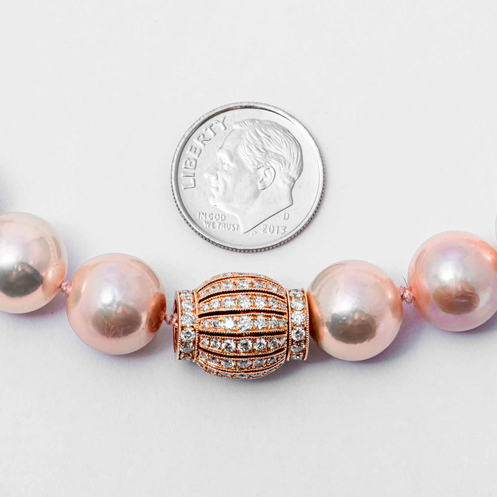 Opera Length Pink Pearl Necklace with Diamond Rondels with Diamond ...