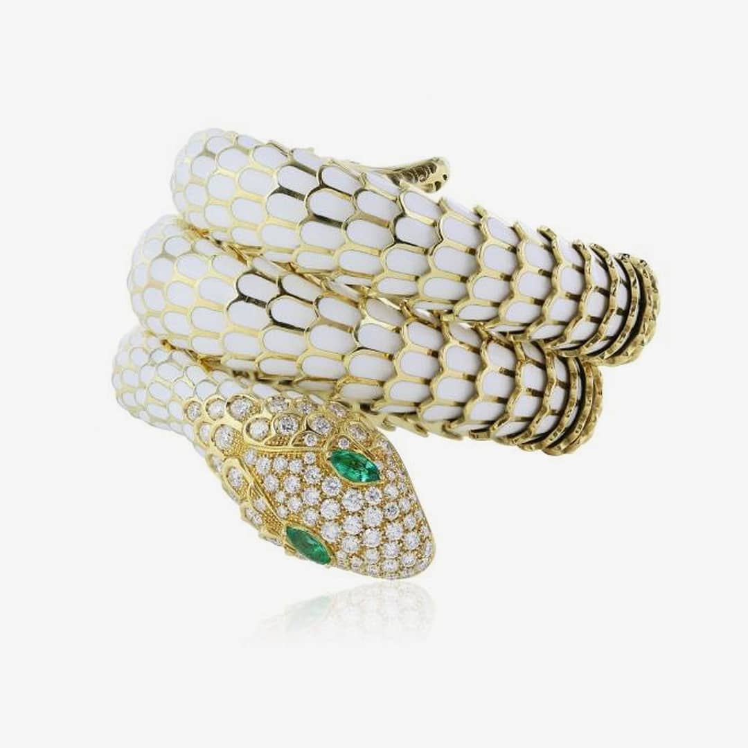 18 Karat Yellow Gold Snake Bracelet with Enamel