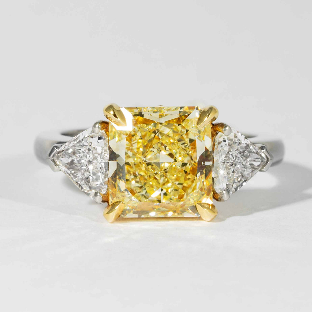 3.64 carats Fancy Yellow VS2 Radiant Cut Canary Diamond Three Stone Ring  (GIA Certified) — Shreve, Crump & Low