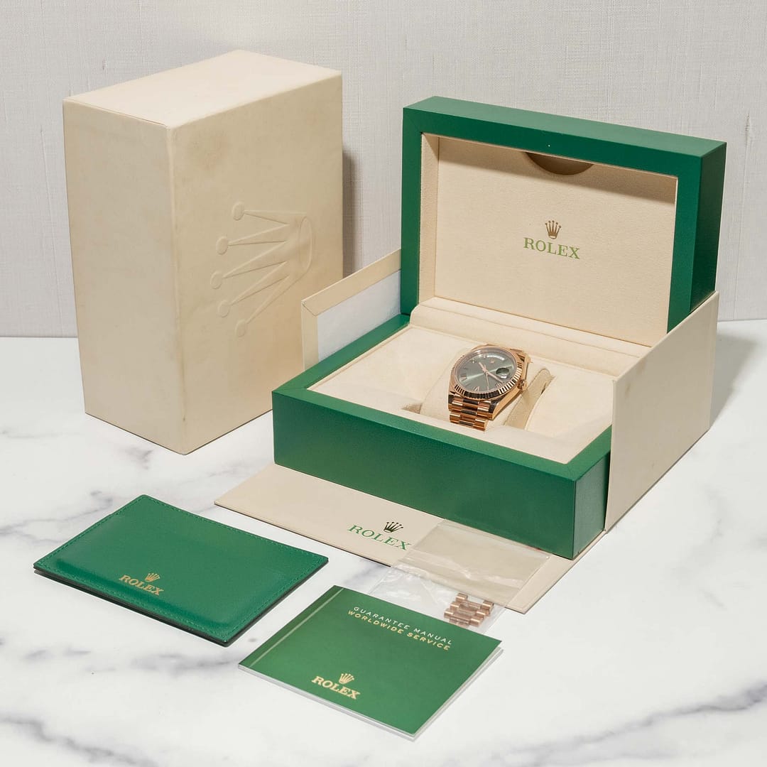 Rolex Day-Date 40 Rose Gold Olive Green Dial 40mm (228235) — Shreve ...