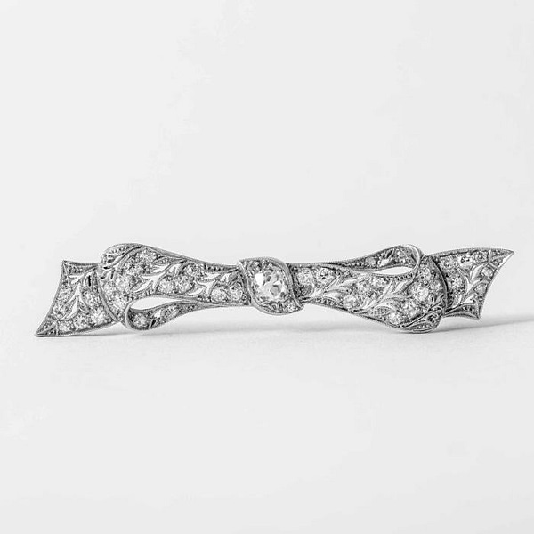 Vintage Art Deco Diamond Platinum Large Bow Brooch Pin Pendant