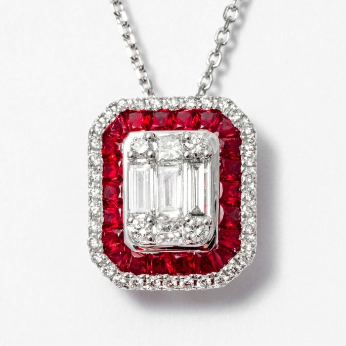 1.80 Carat Round, Square & Baguette Diamond & Ruby Cluster Pendant Necklace (White Gold)