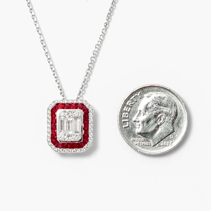 1.80 Carat Round, Square & Baguette Diamond & Ruby Cluster Pendant Necklace (White Gold)